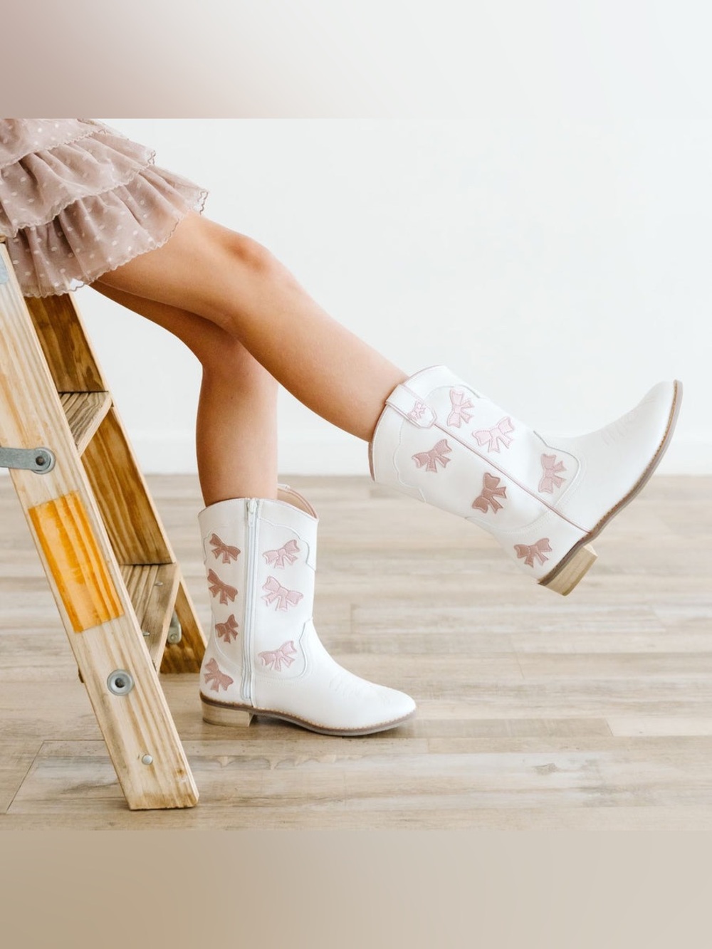 White Girls' Mid-Calf Western Boots with Pink Bow